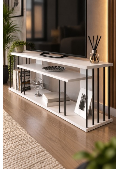 Sulorahome Beyaz Tv Ünitesi 140 Cm Raflı Metal Detaylı Tasarım