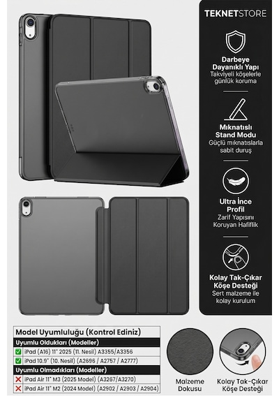 İpad 11. Nesil A16 Ve 10. Nesil 10.9" Uyumlu Kılıf A3355 A2696 Ultra İnce Standlı Kapak Siyah Kapaklı Kılıf