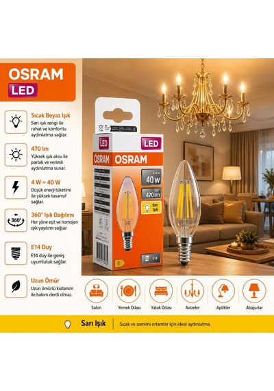 Osram Led Filament Mum Ampul E14 4w 470 Lümen 2700k Sarı Işık 40w Eşdeğeri Şeffaf Cam Dim Edilemez 4'lü Paket Diğer