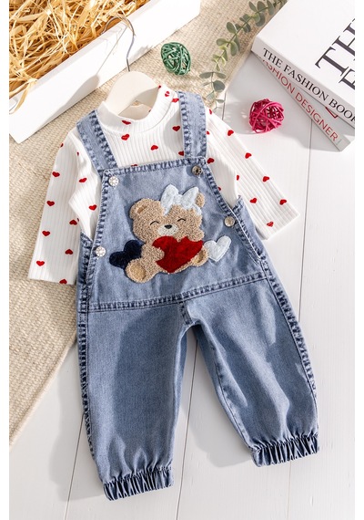 Babymod Ayıcık Figürlü Denim 2'li Kız Bebek Kot Salopet Tulum Mavi