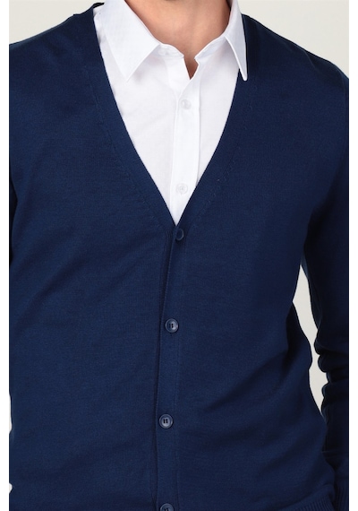Tudors Slim Fit Dar Kesim Düğmeli Düz Pamuk Erkek Hırka-24132 Lacivert