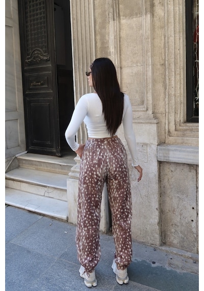 Kechi Woman Kadın Gabardin Ceylan Desenli Beli Lastikli Jogger Pantolon Kw3166