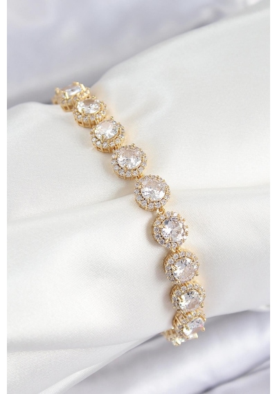 Pirinç Zirkon Taşlı Daire Baget Model Gold Renk Vıp Seri Kadın Bileklik Çok Renkli