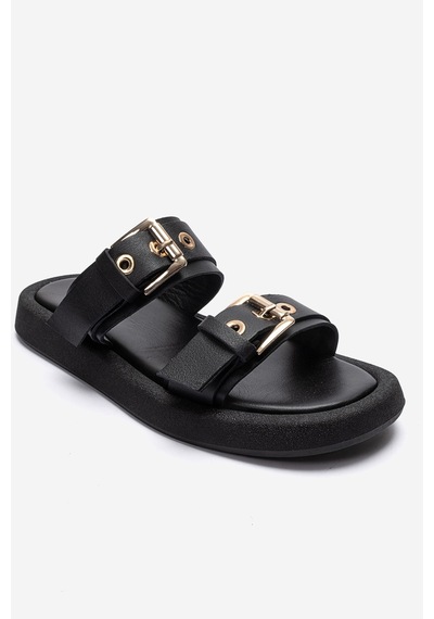Luvishoes Dorel Siyah Hakiki Deri Tokalı Kadın Terlik