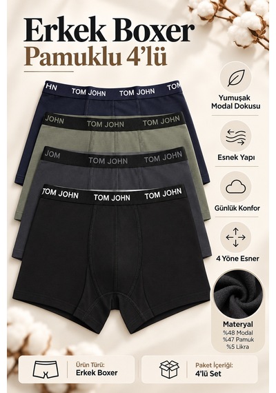 Tom John Erkek Boxer 4 Lü Paket Likralı Modal - Pamuk Mıx Çok Renkli