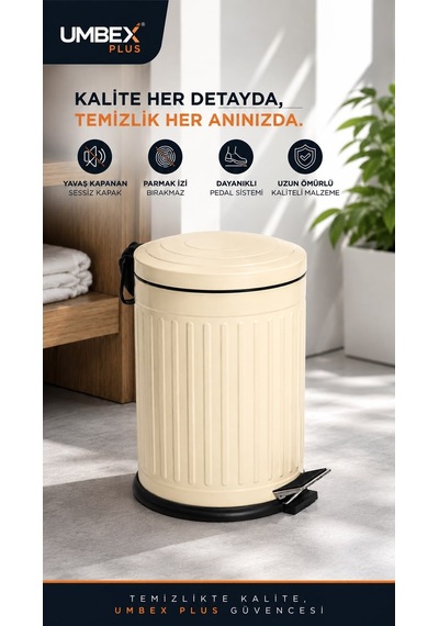 Umbex Plus- 5 Lt Amortisörlü Krem Renk Yavaş Kapanır Çöp Kovası Banyo Ve Mutfaklarınızda Kullanıma Uygun İç Kovalı