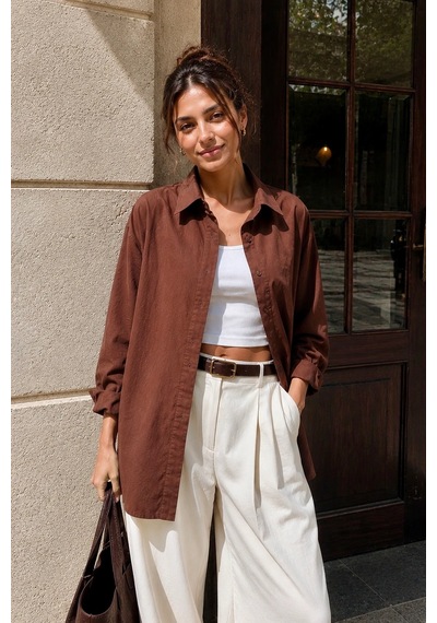 Bb Butik Basic Kadın Oversize Poplin Gömlek Uzun Kollu Basic Gömlek Tr0735 kahverengi