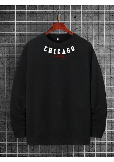 Erkek Yaka Chıcago Baskılı Oversize Sweatshirt Siyah