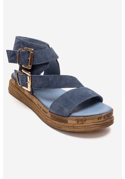 Luvishoes Lorentıs Kot Mavi Süet Hakiki Deri Çift Tokalı Kadın Sandalet