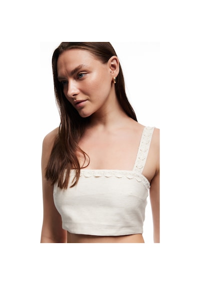 Koton Koton X Melis Ağazat - Astarlı Keten Karışımlı Kolsuz Kare Yaka Çiçekli Askılı Crop Büstiyer Bej 5sak30061uw Ekru