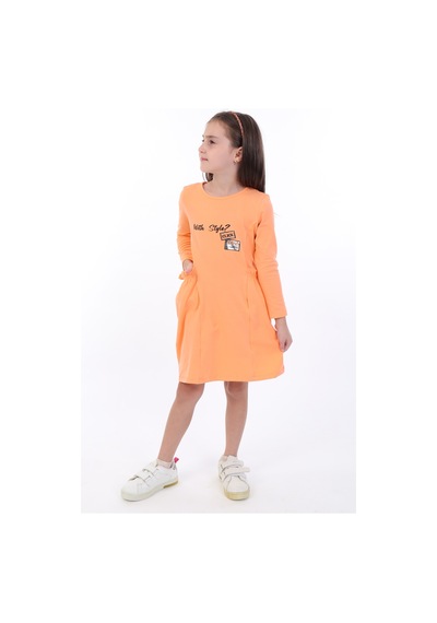 Toontoy Kız Çocuk Baskılı Relax Fit Bisiklet Yaka Uzun Kollu Cepli Elbise - Turuncu