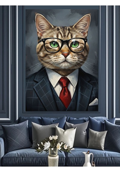 Kedi İş Adamı Takım Elbise Dekoratif Kanvas - Mdf Ahşap Tablo