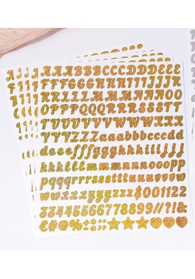 Simli Harfler Ve Sayılar Sticker Alfabe Süsleme Etiketi Gold Çok Renkli
