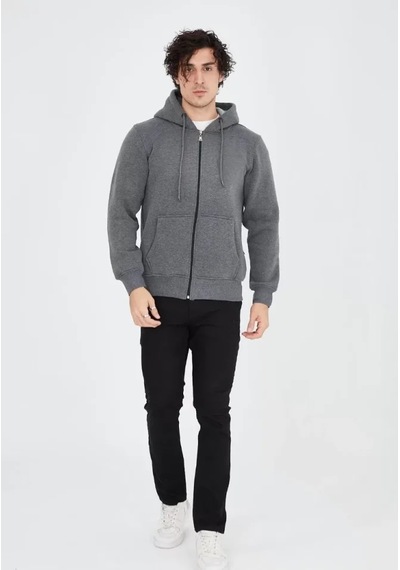 Modi Unisex Tam Fermuarlı Kapşonlu Sweatshirt - Füme Açık Siyah