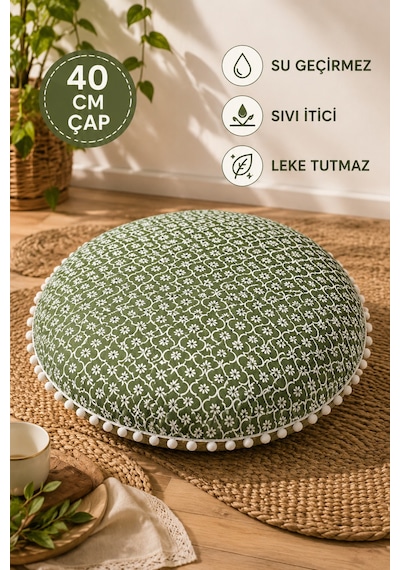 Yuvarlak Dekoratif Minder 40 Cm Yeşil Çiçek Desenli Puf Minder Beyaz Ponponlu Şık Ev Aksesuarı Çok Renkli