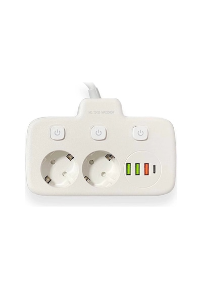 Akım Korumalı 2 Li Ayrı Anahtarlı Priz, 2x Priz, 3x Usb, 1x Type-c, 2 Mt Kablo, Hızlı Şarj 0-2