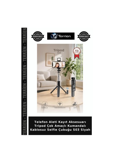 Telefon Aleti Kayıt Aksesuarı Tripod Çok Amaçlı Kumandalı Kablosuz Selfie Çubuğu S03 Siyah