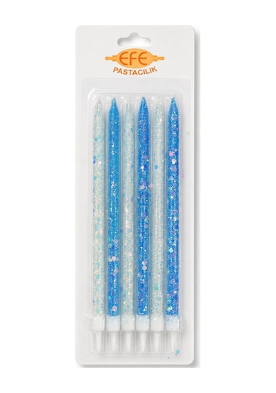 Mavi Beyaz Uzun Pul Simli Pasta Mumu 17 Cm Karışık