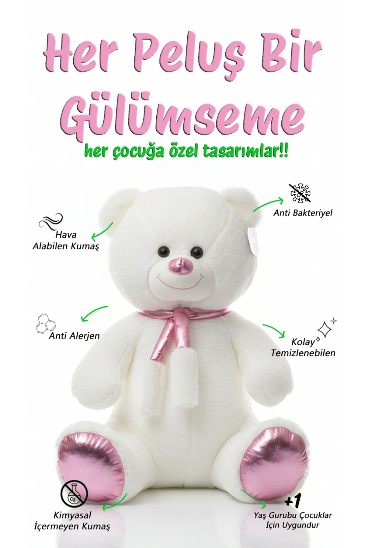 Ayıcık Atkılı 90 Cm - Yumuşak & Koleksiyon Açık Pembe