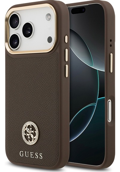 Apple Uyumlu iPhone 17 Pro Kılıf Guess Lisanslı M-safeli Grained Yazı Ve Taşlı 4g Logolu Kapak Kahverengi Kahverengi