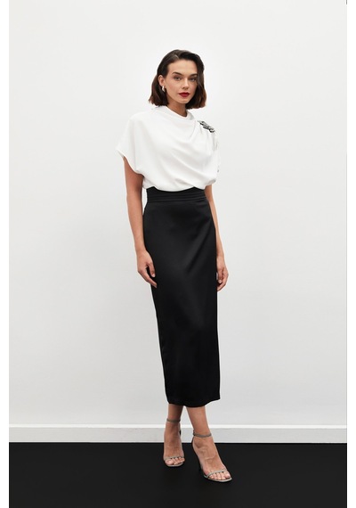 Sateen Bel Pile Detaylı Saten Etek - Siyah