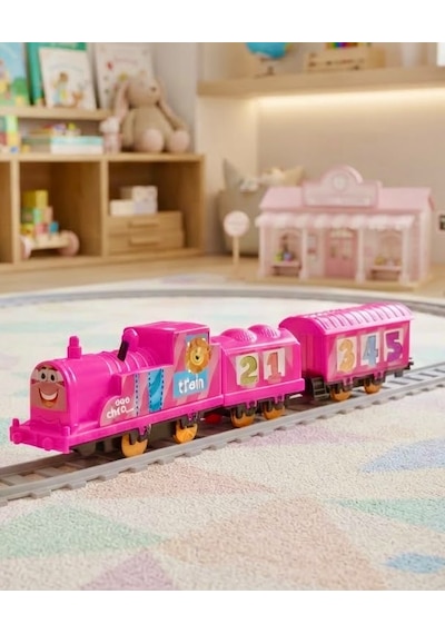 Pembe İstasyonlu Pilli Oyuncak Tren Seti - 26 Parça Hareketli Lokomatif Ve Vagon Seti