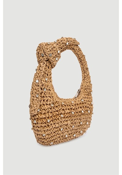 Matthew Cox Taşlı Portföy Clutch Fermuarlı Astarlı Örgü Hasır Yazlık Tatil El Çantası Camel