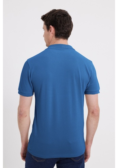 Tudors Erkek Slim Fit Dar Kesim %100 Pamuk Kısa Kollu Polo Yaka Mavi Tişört-50256
