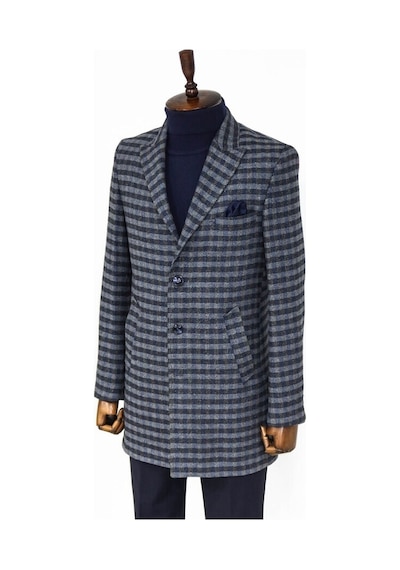 Wessi Kaşe Kareli Geniş Yaka Slim Fit Lacivert Erkek Palto 001