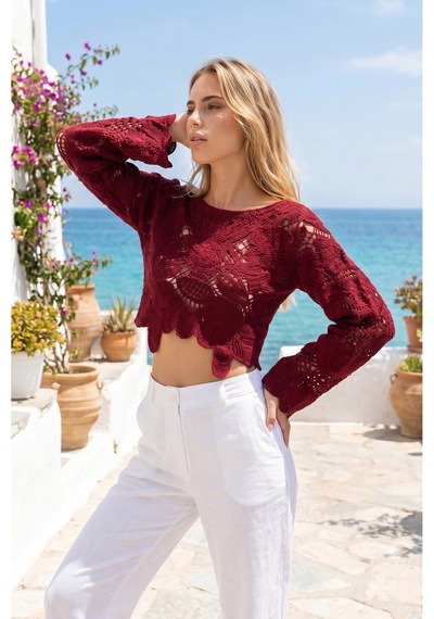 Sayzen Your Shine Dantel Işleme Crop Bluz Sy-shn04 Bordo
