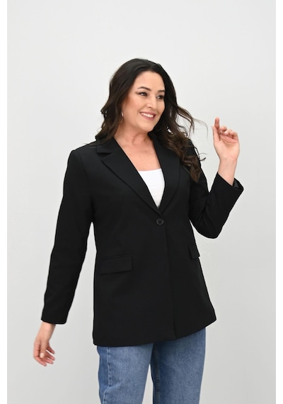 Koza Butik Kadın Büyük Beden Astarlı Düğmeli Blazer Ceket 9008-25-1 Siyah