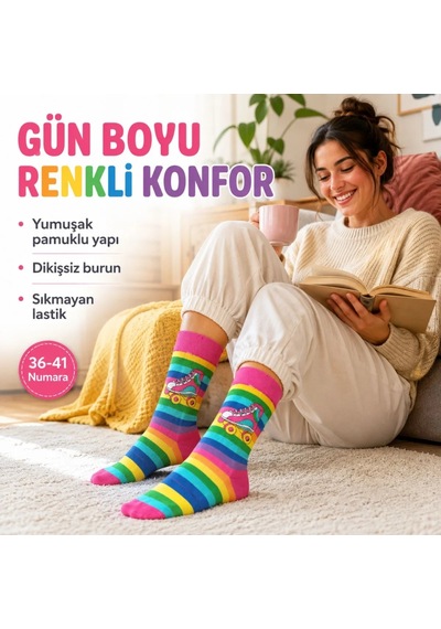 DS Wak Gökkuşağı Çizgili Retro Paten Desenli Soket Çorap Pamuklu Dikişsiz Burun 36-40 Numara Uzun Konç Çok Renkli DS Wak Gökkuşağı Çizgili Retro Paten Desenli Soket Çorap Pamuklu Dikişsiz Burun 36-40 Numara Uzun Konç Çok Renkli