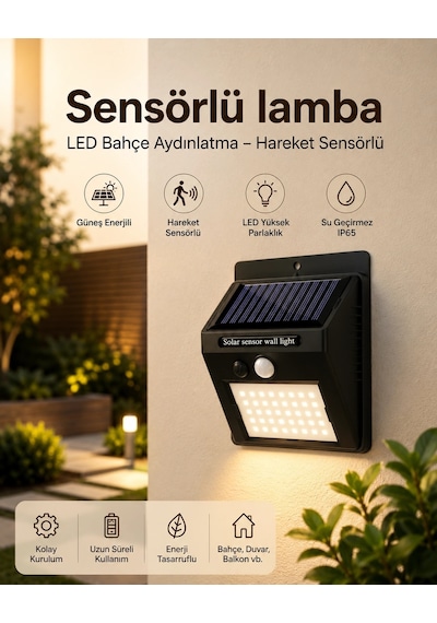 Mey İthalat Sensörlü, Güneş Enerjili Led Duvar Lambası Bahçe Ve Balkon Aydınlatma Çok Renkli