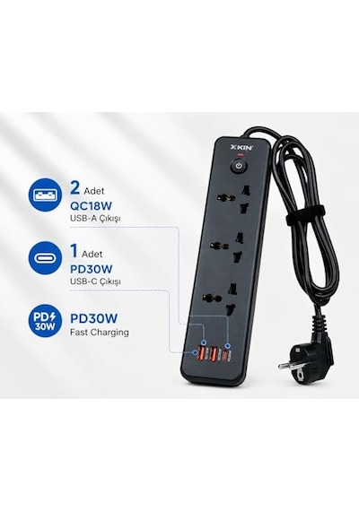 Tr 6in1 Power Strip 2500w Akım Korumalı Çoklu Priz, 3 Ac  , 2x Qc18w Usb-a, Pd30w Usb-c Hızlı Şarj, 150 Cm Ka 0