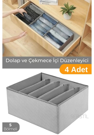 Serstil 4 Adet - 5 Bölmeli Katlanabilir Kumaş Saklama Kutusu Dolap İçi Düzenleyici Organizer - Gri Puantiye