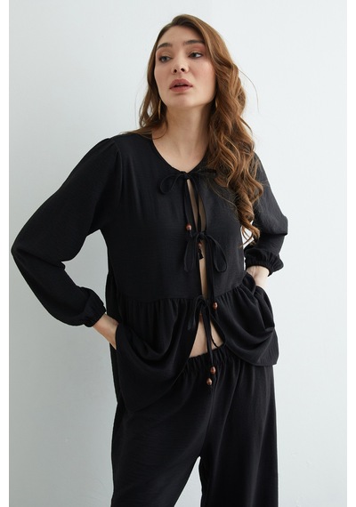 Fullamoda Fullamodest Önü Bağlamalı Ayrobin Kimono 2 Li Takım Siyah