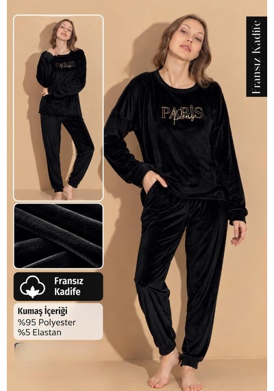 Boyraz Kadın Kışlık Fransız Kadife Bisiklet Yaka Uzun Kol Pijama Takımı 03096- 1 Adet Siyah Boyraz Kadın Kışlık Fransız Kadife Bisiklet Yaka Uzun Kol Pijama Takımı 03096- 1 Adet Siyah