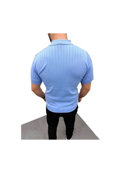 Erkek Yazlık Triko Saç Örgü Tişört Kısa Kol Polo Yaka Fermuarlı T-shirt - Bebe Mavisi Çok Renkli