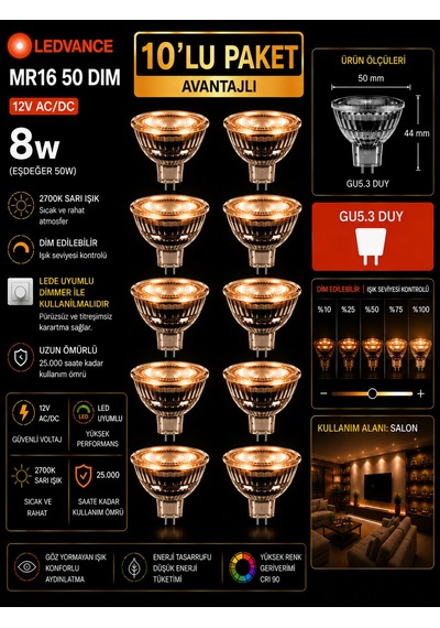10 Adet Ledvance 12v Ac/dc 8w 50w Dimli 2700k Sarı Işık Gu5.3 Duylu Led Çanak Ampul