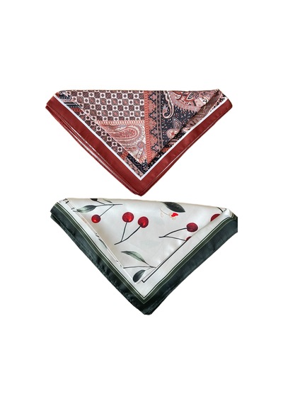 2 Li Saten Bandana Seti Saten Fular Saten Çanta Aksesuarı Özel Desen Bandana 45x50 Cm Haki - Kahverengi
