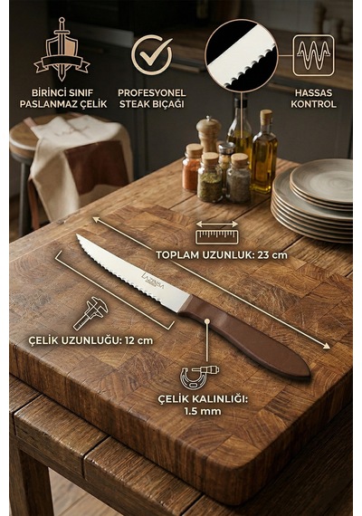 Lazbisa Hand Caft Serisi Steak Mutfak Bıçak Seti 6'lı Steak Et Yemek Bıçağı Mft-2344 Kahverengi