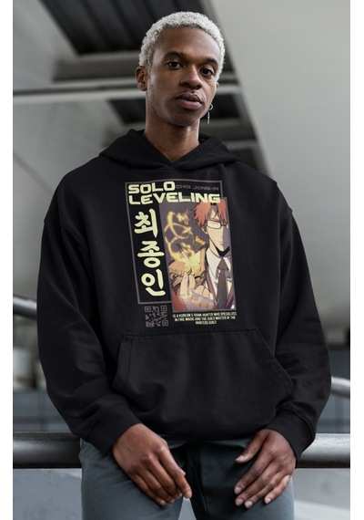 Sevbano Solo Leveling Choi Jong-ın Baskılı Unisex Oversize Anime Hoodie Siyah