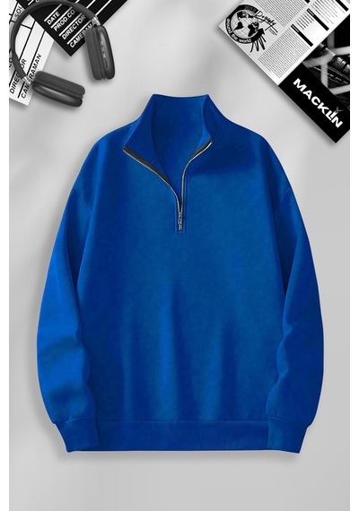Macklin Unisex Kadın Erkek Baskısız Yarım Fermuarlı Dik Yaka Basic Sweatshirt Mavi Mck0602 Mavi