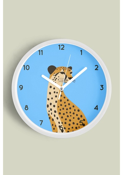 Asil Leopar Modern Duvar Saati - Çocuk Odası Duvar Saati - 35cm - Önü Camlı Beyaz Kasa Beyaz