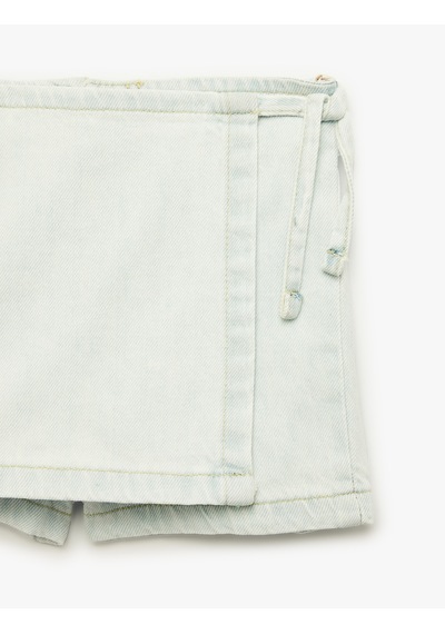 Koton Normal Bel Bağlama Detaylı Pamuklu Denim Şort Etek Lıght Indıgo 6smg40023ad Açık Mavi