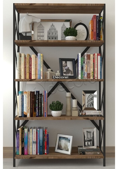 Morpanya Aural Dekoratif 5 Raf Kitaplık Metal Kitaplık Dosya Kitap Raf Ofis Salon Raf 90x180cm Ceviz