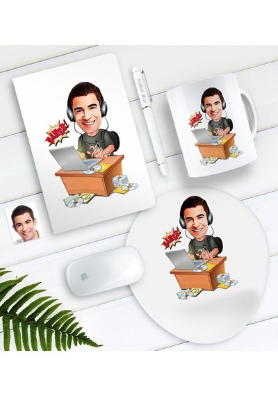 Kişiye Özel Bay Gamer Karikatürlü Defter Kalem Kupa Mouse Pad Set