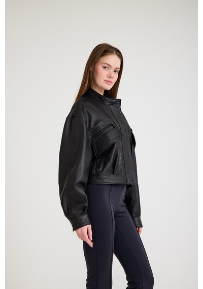 Oversize Bayan Deri Ceket Vb-24-bk-2797-24023 Siyah