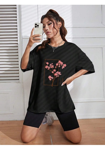 Uyguntarz Unisex Kiraz Ağacı Baskılı Tasarım Tshirt Siyah