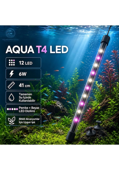 Aqua Akvaryum Işığı - Bitki Işığı - Balık Işığı - Tamamen Su İçinde Kullanılabilir - 12 Led - Pembe Beyaz - 41 Cm - Güçlü Aydınlatma - 6w